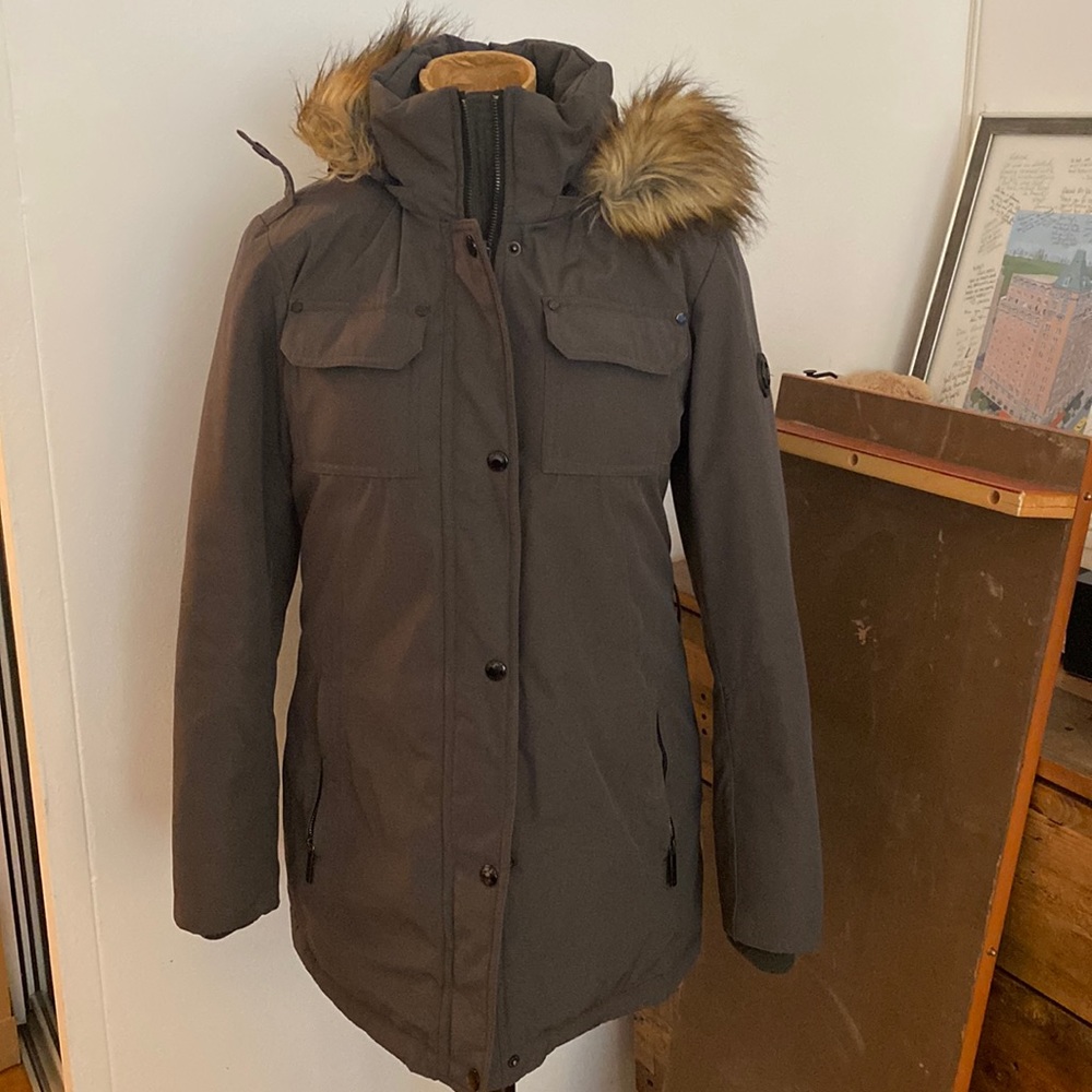 Michael kors gray puffer down winter fur trimmed jacket